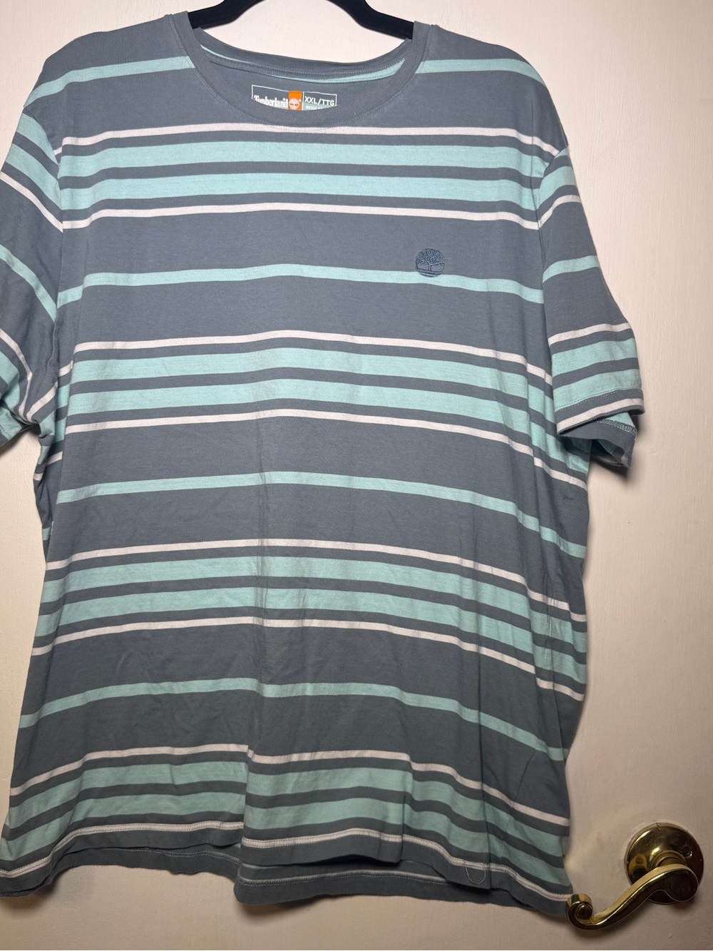 Timberland Men's Gray, Light Blue & White Striped Crew Neck Tee 2XL
